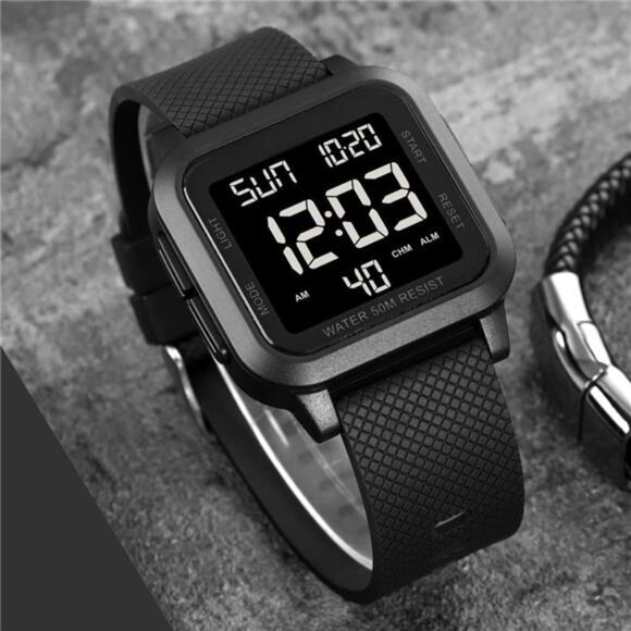 Square Men's Digital Watch Big Numbers Dial Large Face Waterproof LED Watches - Picture 2 of 14